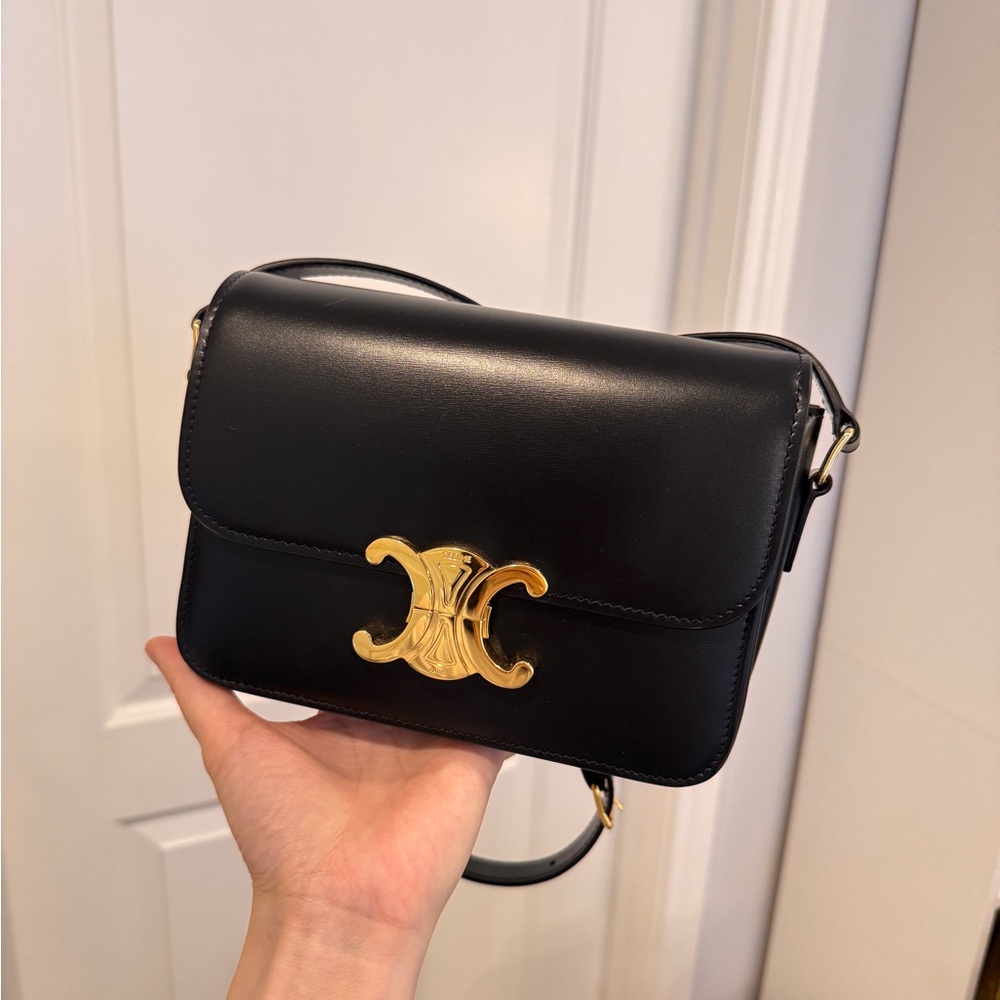 Celine Teen Triomphe Bag in Shiny Calfskin Black and Gold
